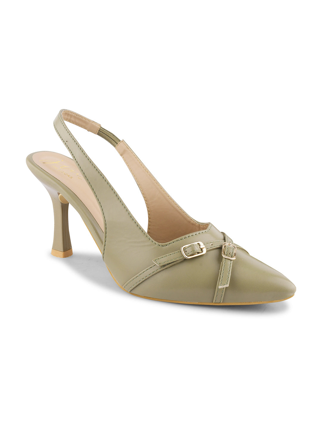 A pointed-toe slingback heel with strap and buckle details on the vamp and an adjustable strap
 Green