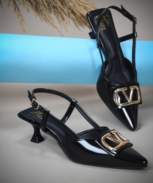 Kitten heels black patent pointed toe slingback with gold buckle ornament and flared spool heel