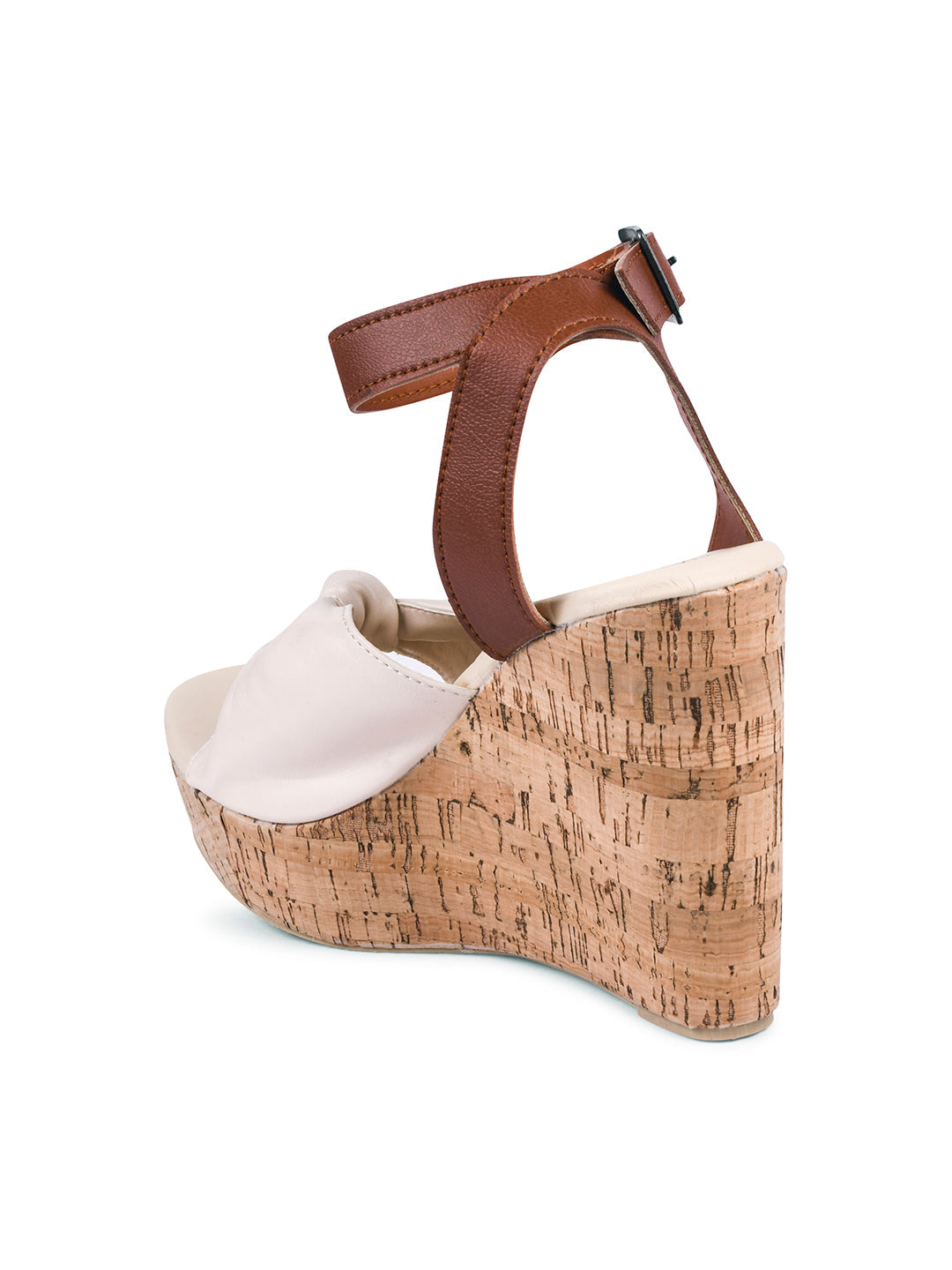 Women’s cork wedge heels with knot detail and ankle strap Cream