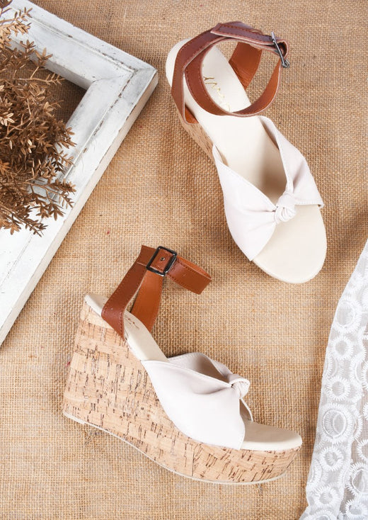Women’s cork wedge heels with knot detail and ankle strap Cream