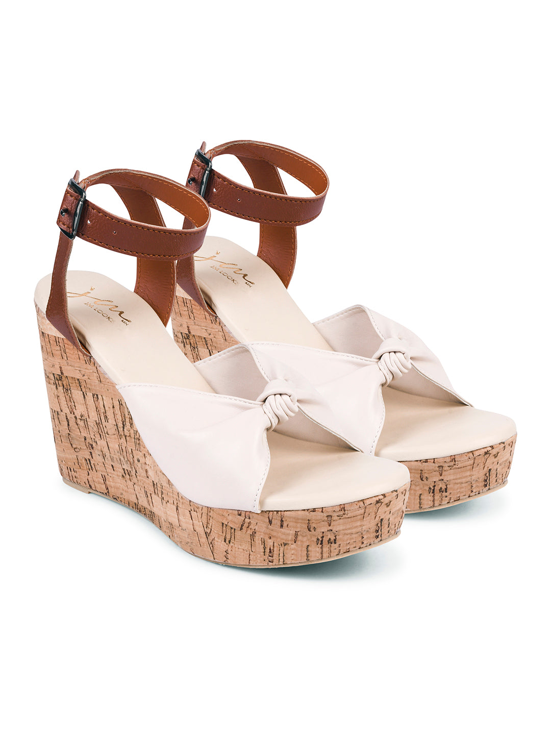 Women’s cork wedge heels with knot detail and ankle strap Cream