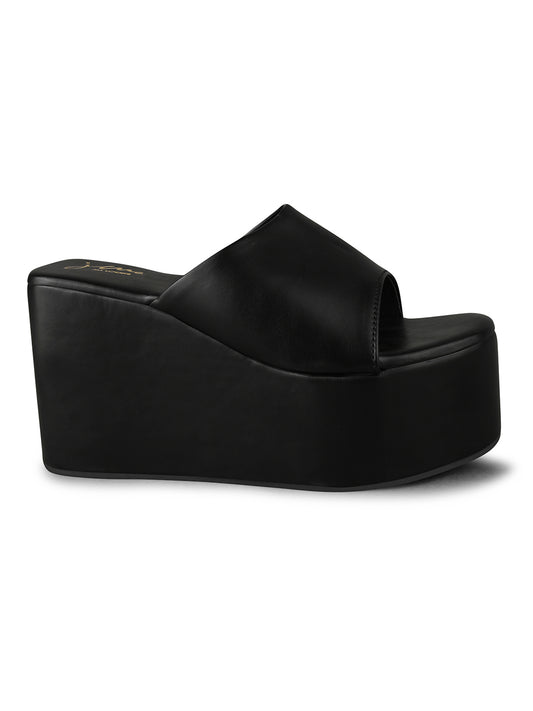 Black wedge platform heels for women, open toe slip-on style with chunky high heel sole.