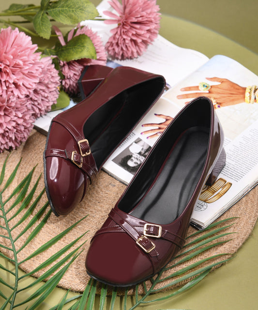 block heels for women in cherry patent finish with crisscross buckle straps and low square heel
