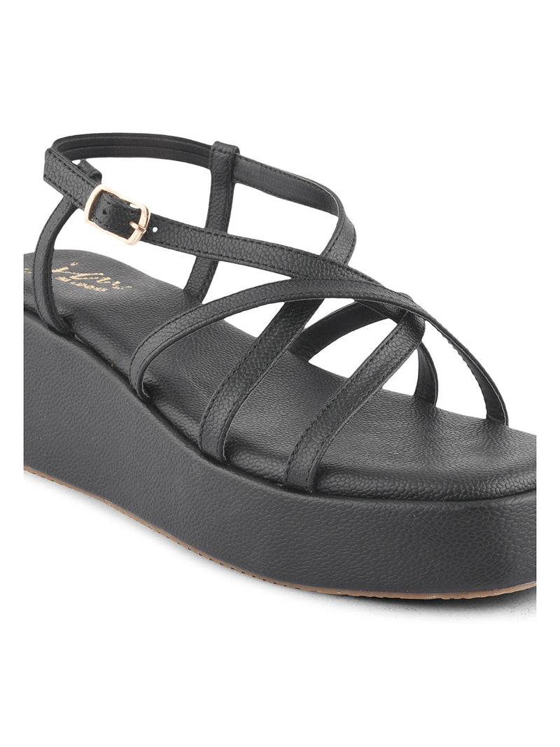Jm Looks platform sandals with multiple criss-cross straps and an ankle buckle
 Black