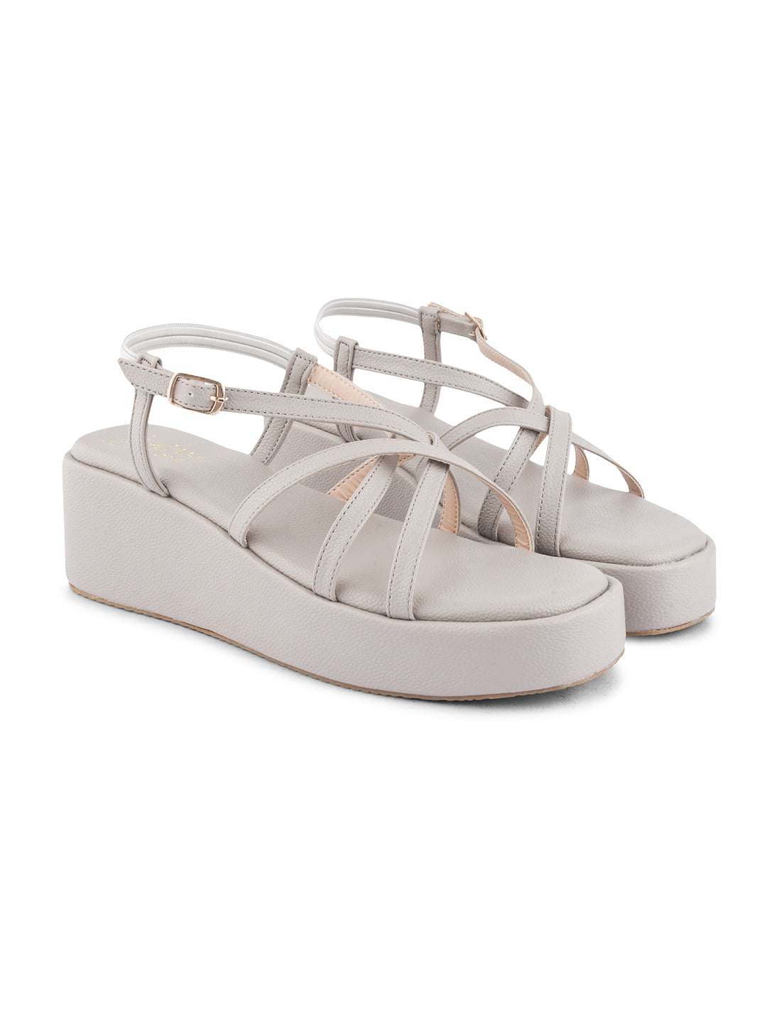 Jm Looks platform sandals with multiple criss-cross straps and an ankle buckle
 Khaki