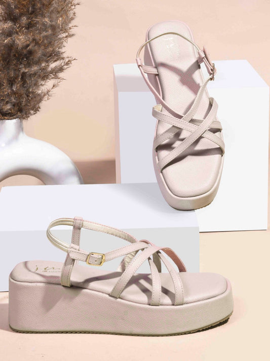 Jm Looks platform sandals with multiple criss-cross straps and an ankle buckle
 Nude