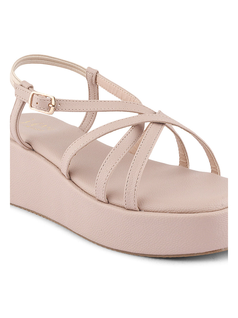 Jm Looks platform sandals with multiple criss-cross straps and an ankle buckle
 Nude