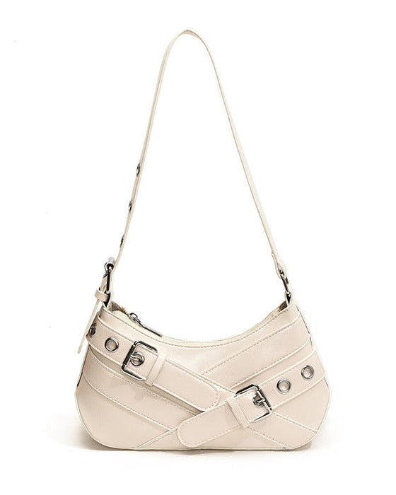 Hobo shoulder bag in white featuring double buckle straps, silver hardware, and an adjustable strap design.