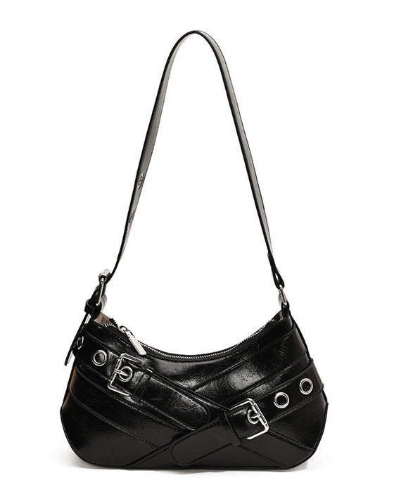Hobo shoulder bag in black featuring double buckle straps, silver hardware, and an adjustable strap design.