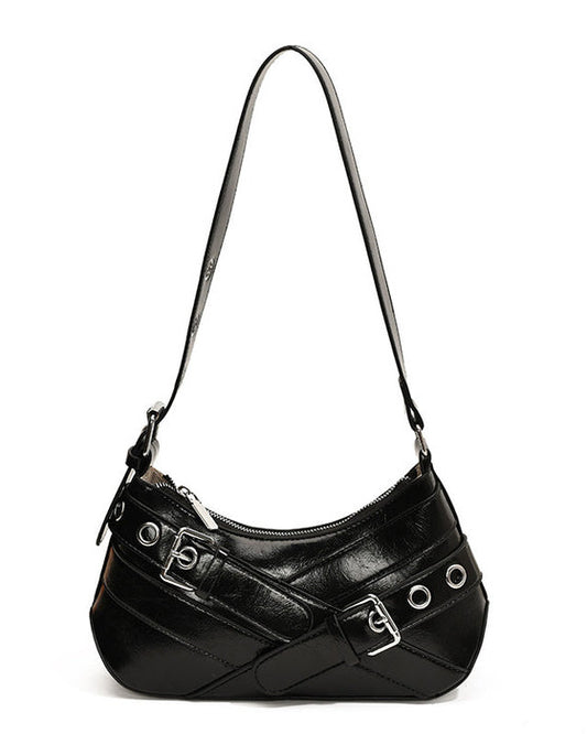 Hobo shoulder bag in black featuring double buckle straps, silver hardware, and an adjustable strap design.