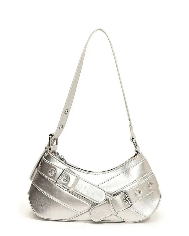 Hobo shoulder bag in silver featuring double buckle straps, silver hardware, and an adjustable strap design.
