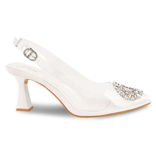 Transparent heels for women with crystal embellished brooch, pointed toe, slingback strap and white kitten heel.