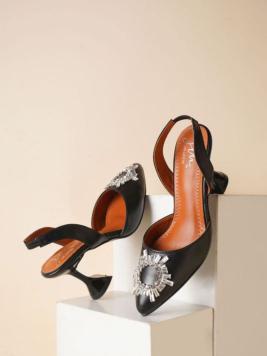 Embellished Kitten Heel Sandals with Ankle Strap for Women & Girls Black