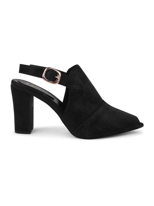Women Black Embellished Peep Toe Slingback Block High Heel Sandals with Ankle-Strap