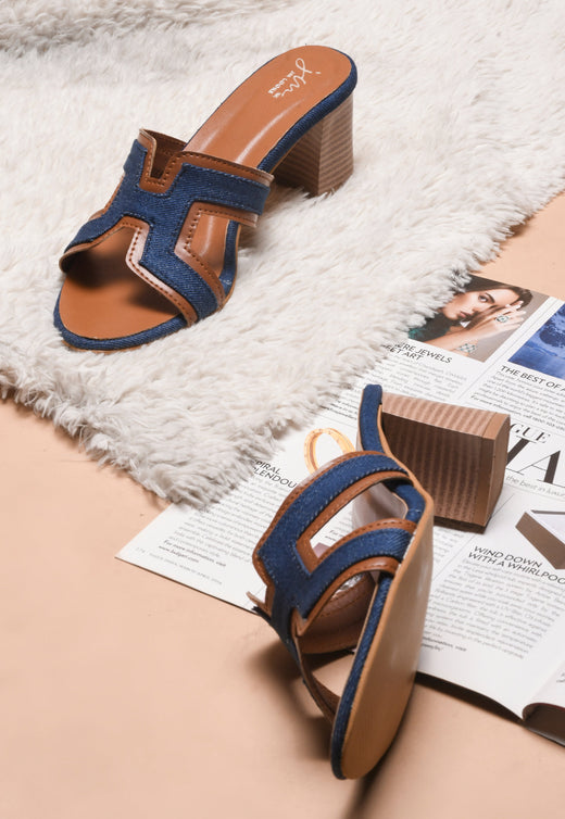Jm Looks women's block heel slides with wide upper straps Blue
