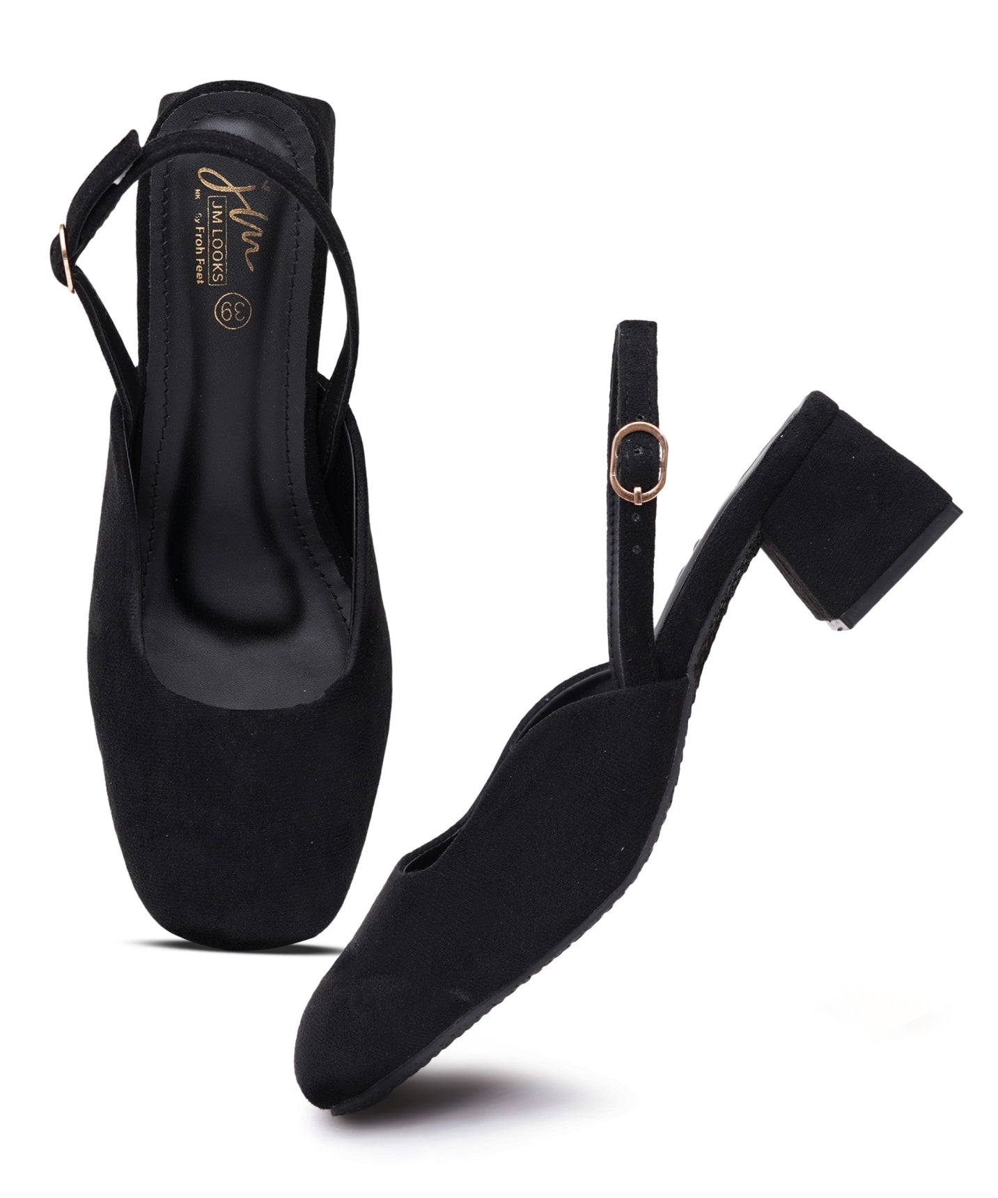 Black suede block heel slingback sandals for women featuring square toe and gold buckle ankle strap