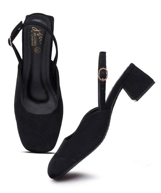 Black suede block heel slingback sandals for women featuring square toe and gold buckle ankle strap