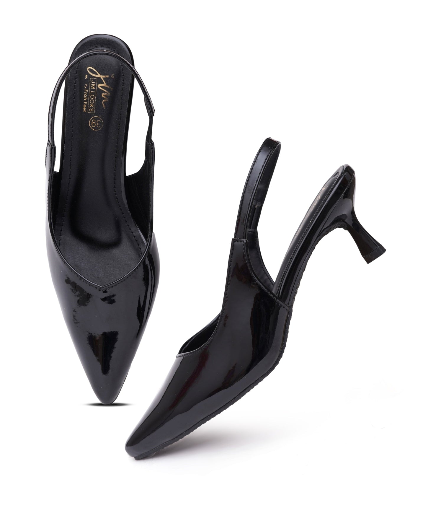 Black patent slingback heels for women featuring pointed toe, glossy finish and slim kitten heel design