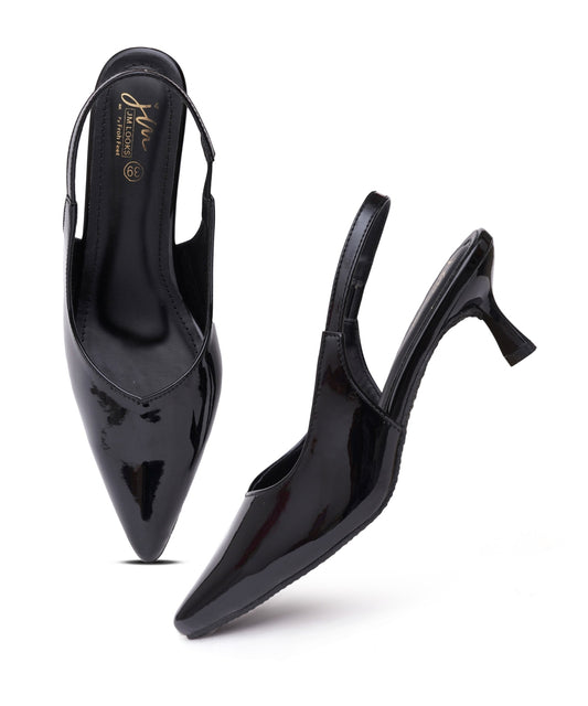 Black patent slingback heels for women featuring pointed toe, glossy finish and slim kitten heel design