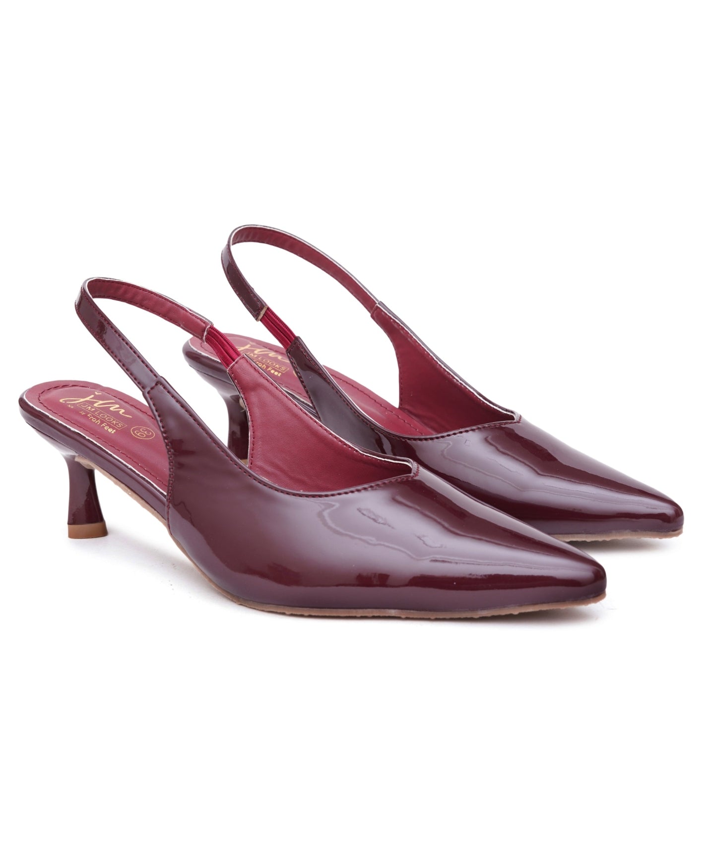 Cherry patent slingback heels for women featuring pointed toe, glossy finish and slim kitten heel design