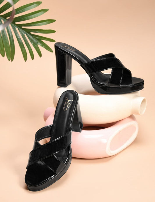 Jm Looks block heels with criss-cross straps and a slight platform
 Black