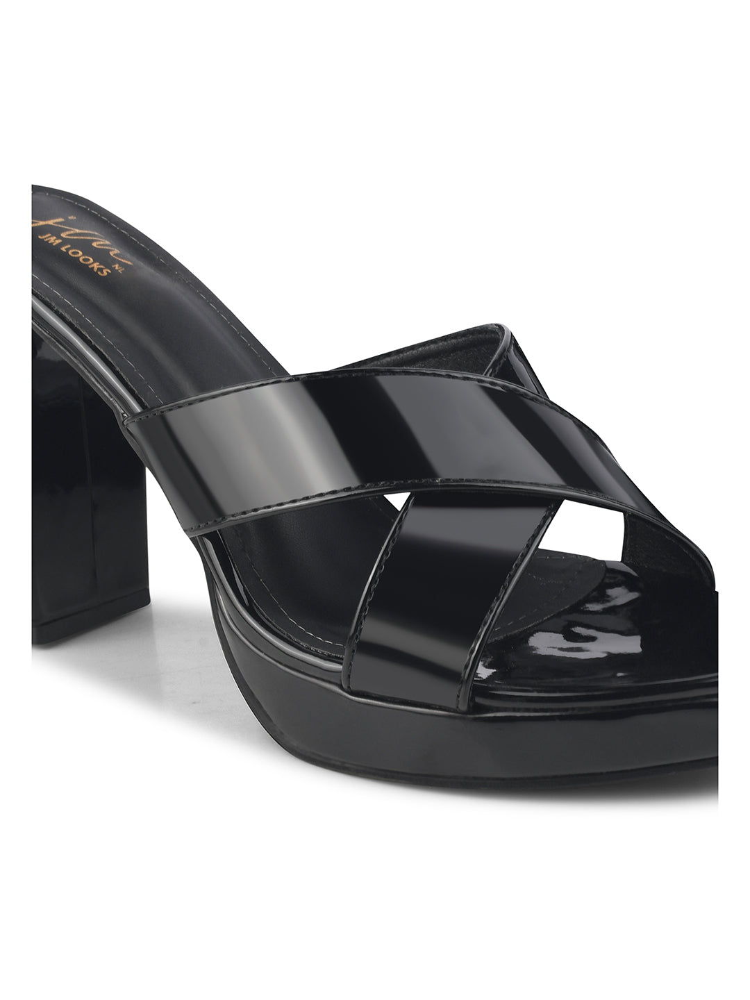 Jm Looks block heels with criss-cross straps and a slight platform
 Black