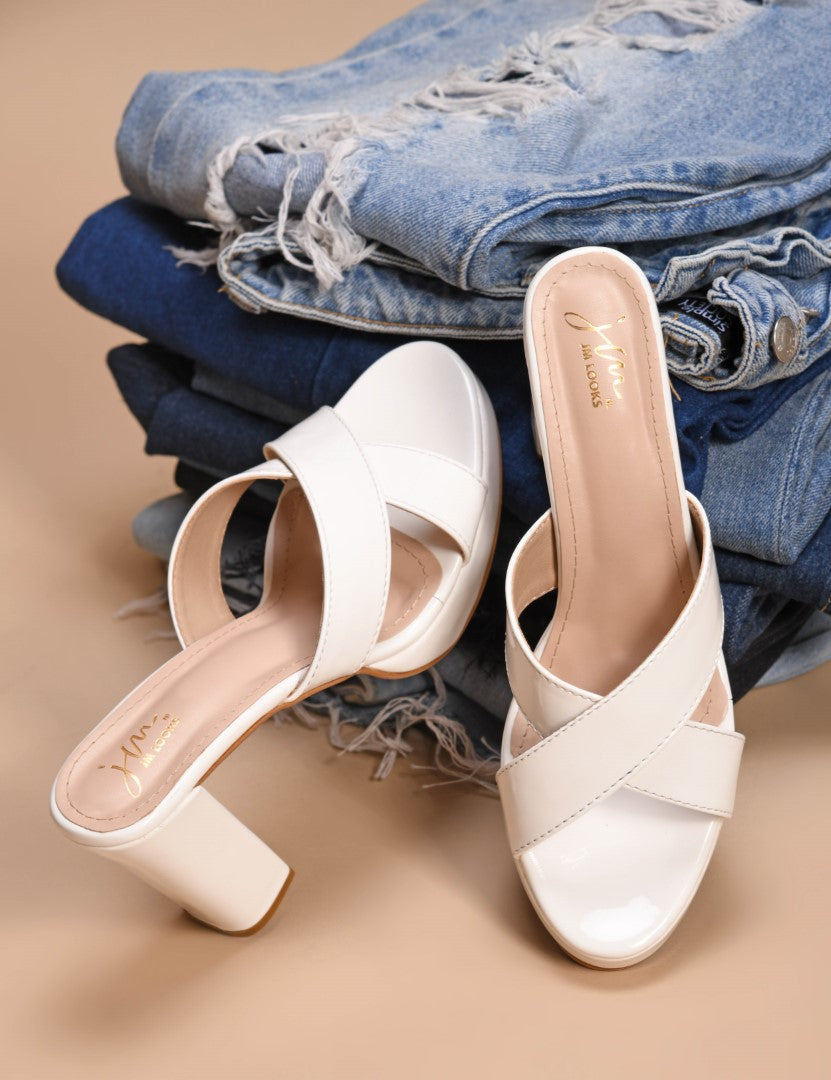 Jm Looks block heels with criss-cross straps and a slight platform
 White