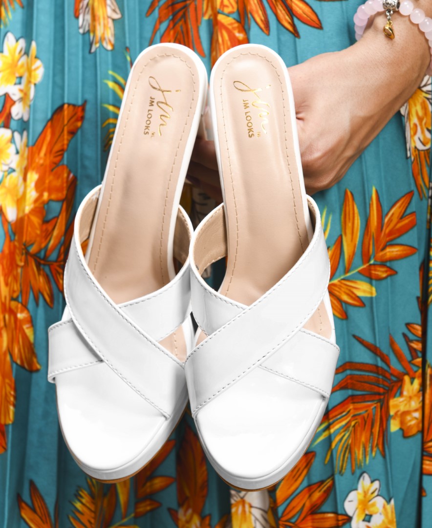 Jm Looks block heels with criss-cross straps and a slight platform
 White