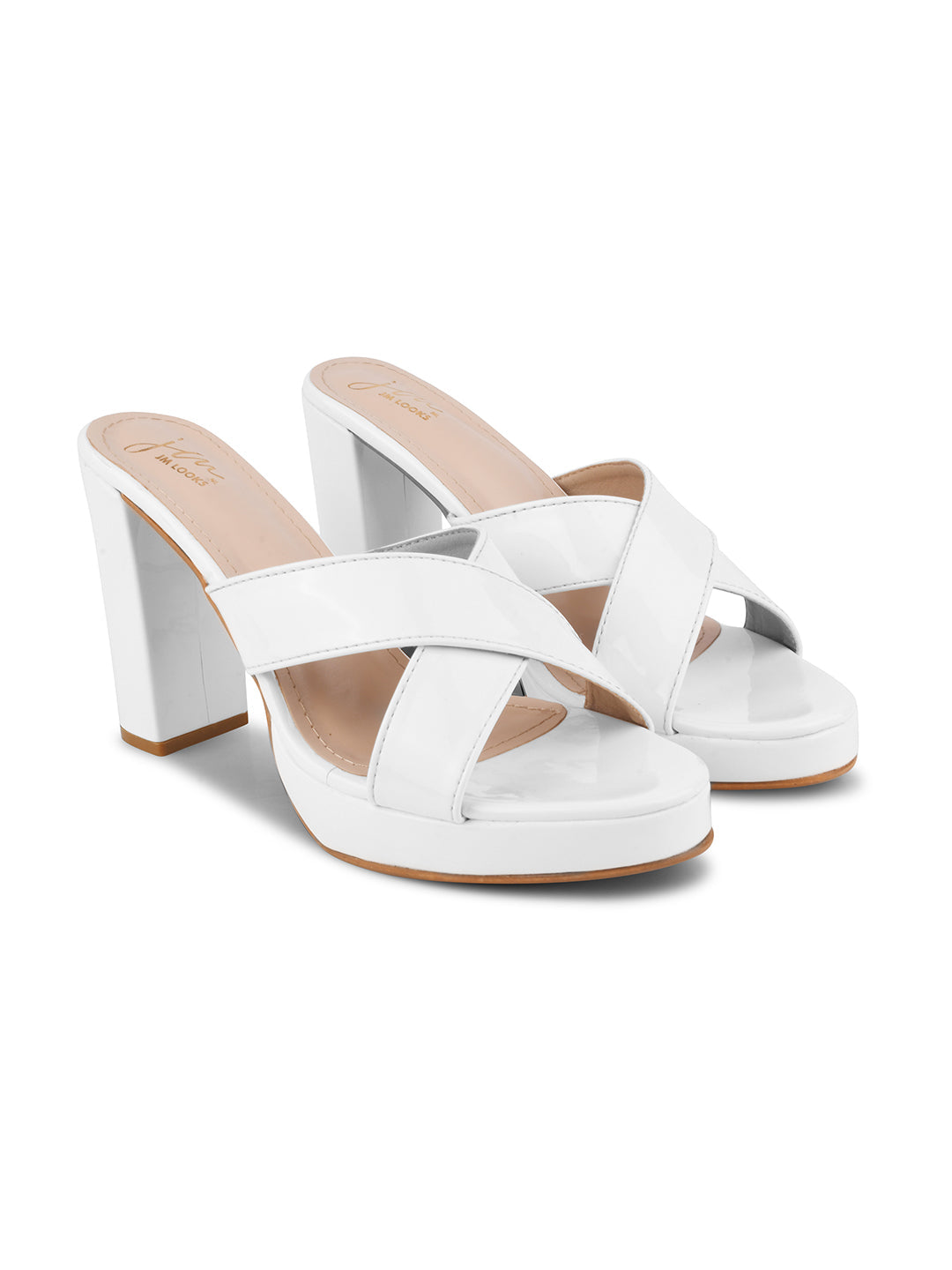 Jm Looks block heels with criss-cross straps and a slight platform
 White