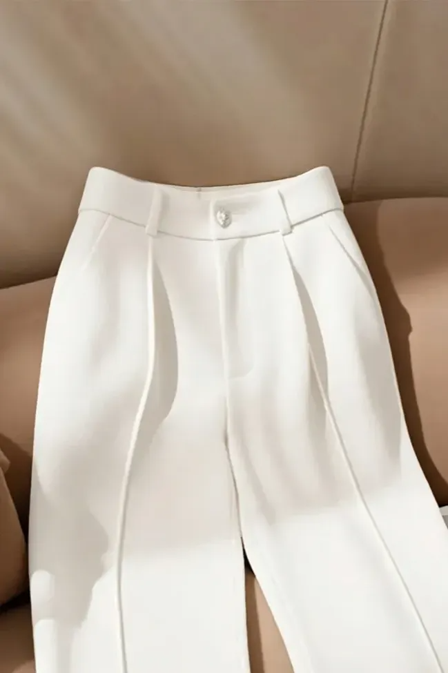 White wide leg trousers for women high waisted pleated formal office wear pants with crease detailing