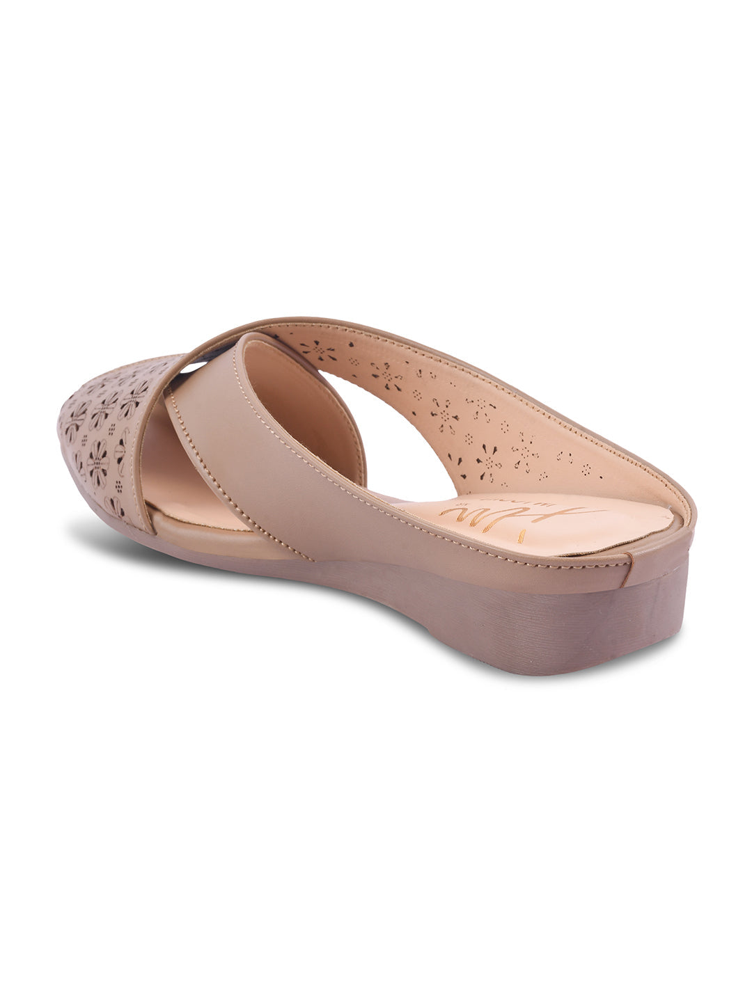 JM Looks women's mules with laser-cut cross straps and a closed toe
 Beige