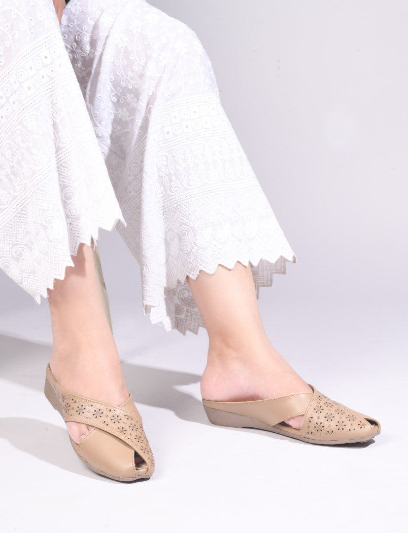 JM Looks women's mules with laser-cut cross straps and a closed toe
 Beige
