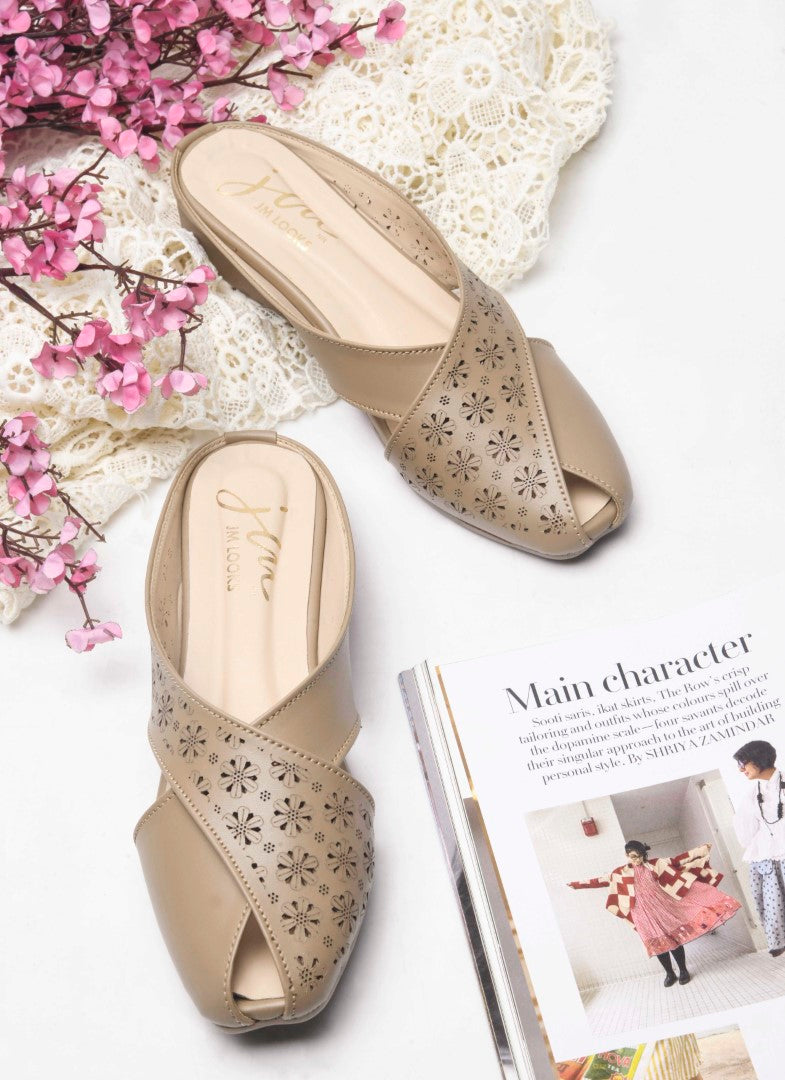 JM Looks women's mules with laser-cut cross straps and a closed toe
 Beige