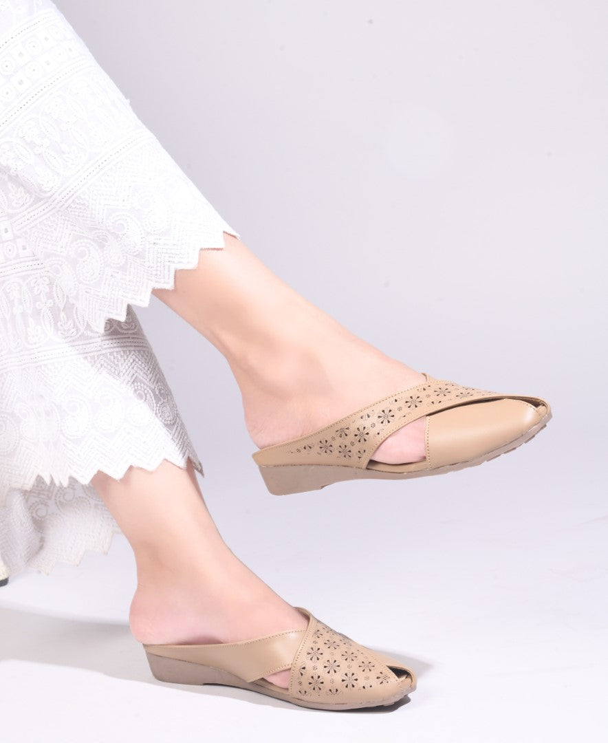 JM Looks women's mules with laser-cut cross straps and a closed toe
 Beige