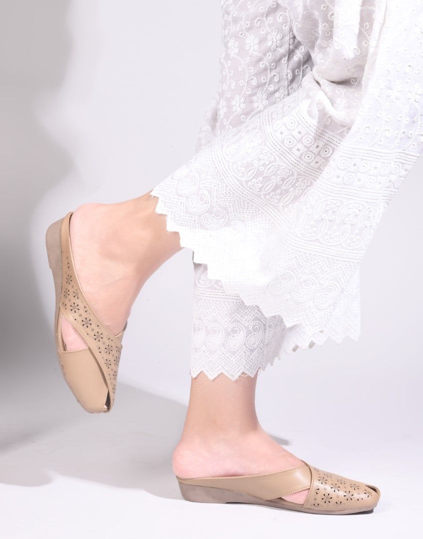 JM Looks women's mules with laser-cut cross straps and a closed toe
 Beige