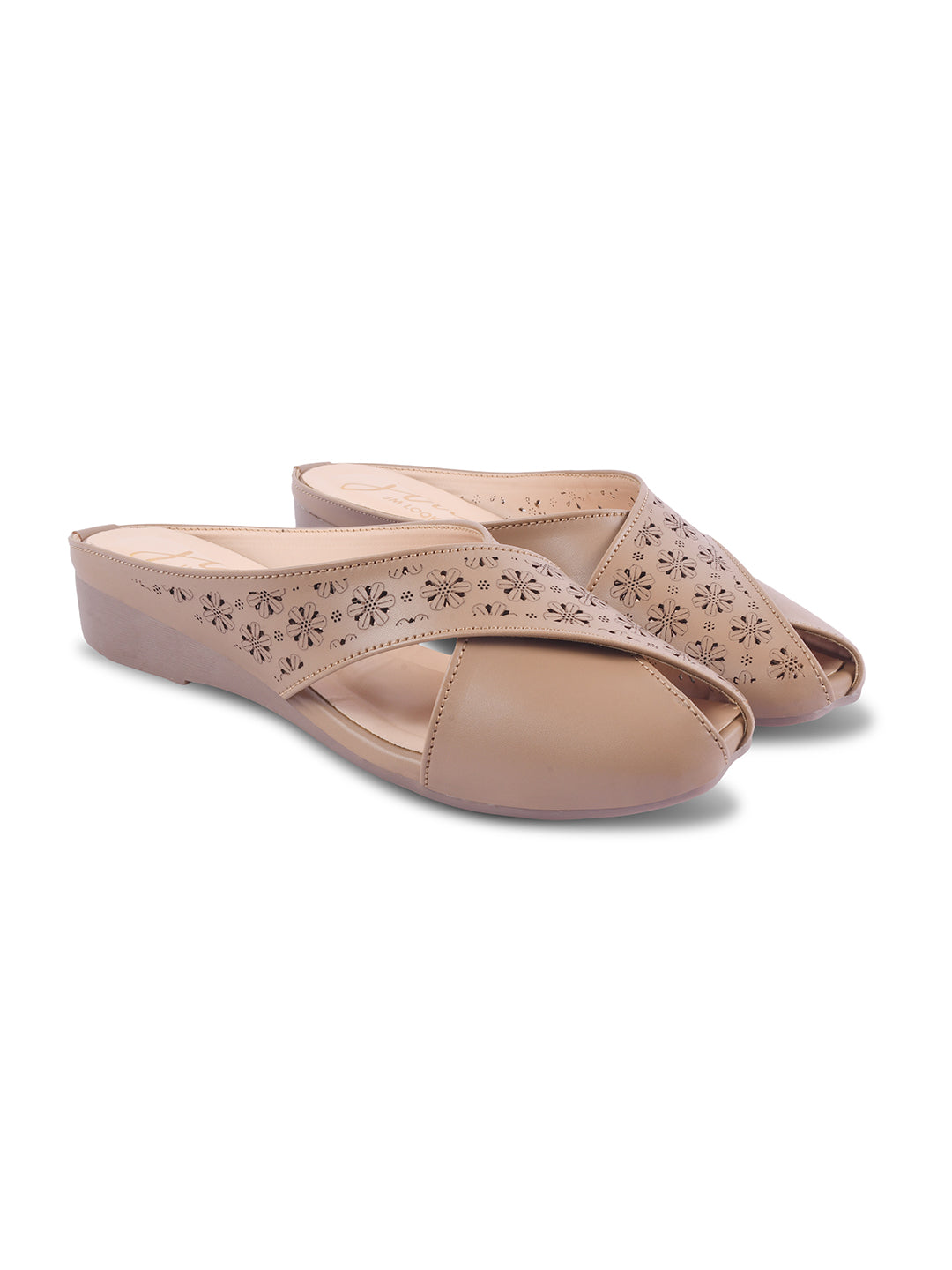 JM Looks women's mules with laser-cut cross straps and a closed toe
 Beige
