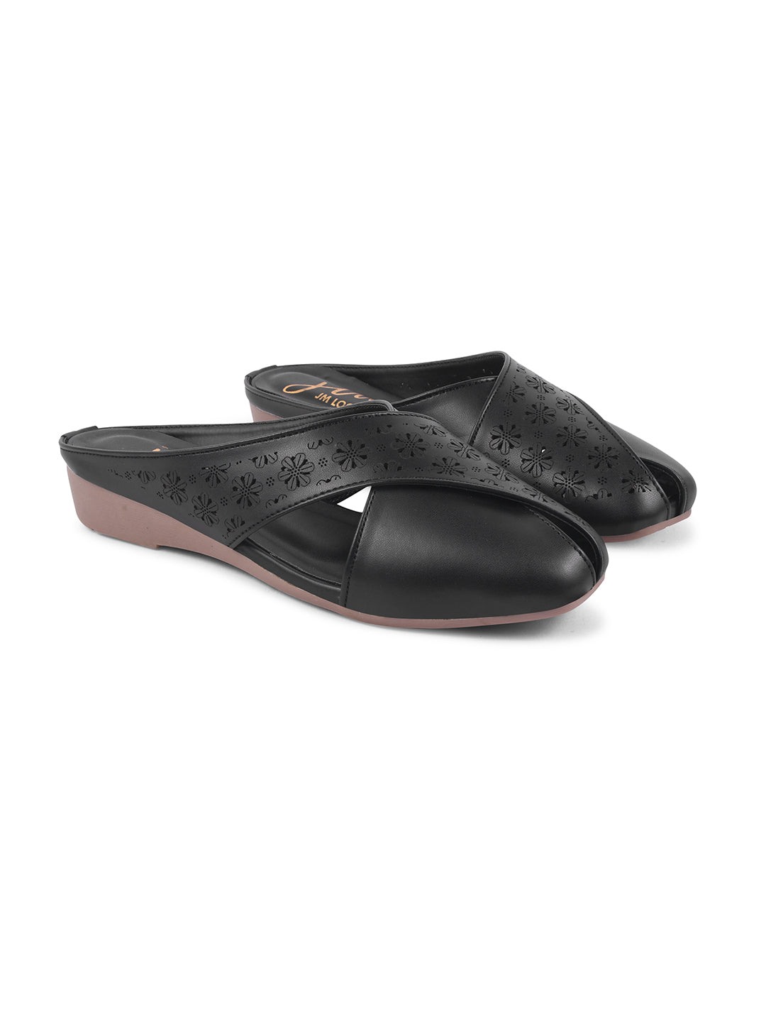 JM Looks women's mules with laser-cut cross straps and a closed toe
 Black