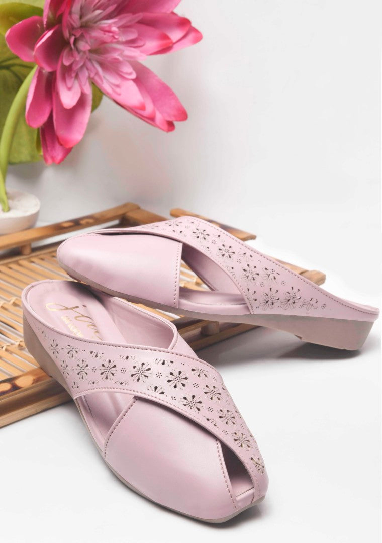 JM Looks Women's Laser-Cut Cross Strap Mules Wood Rose