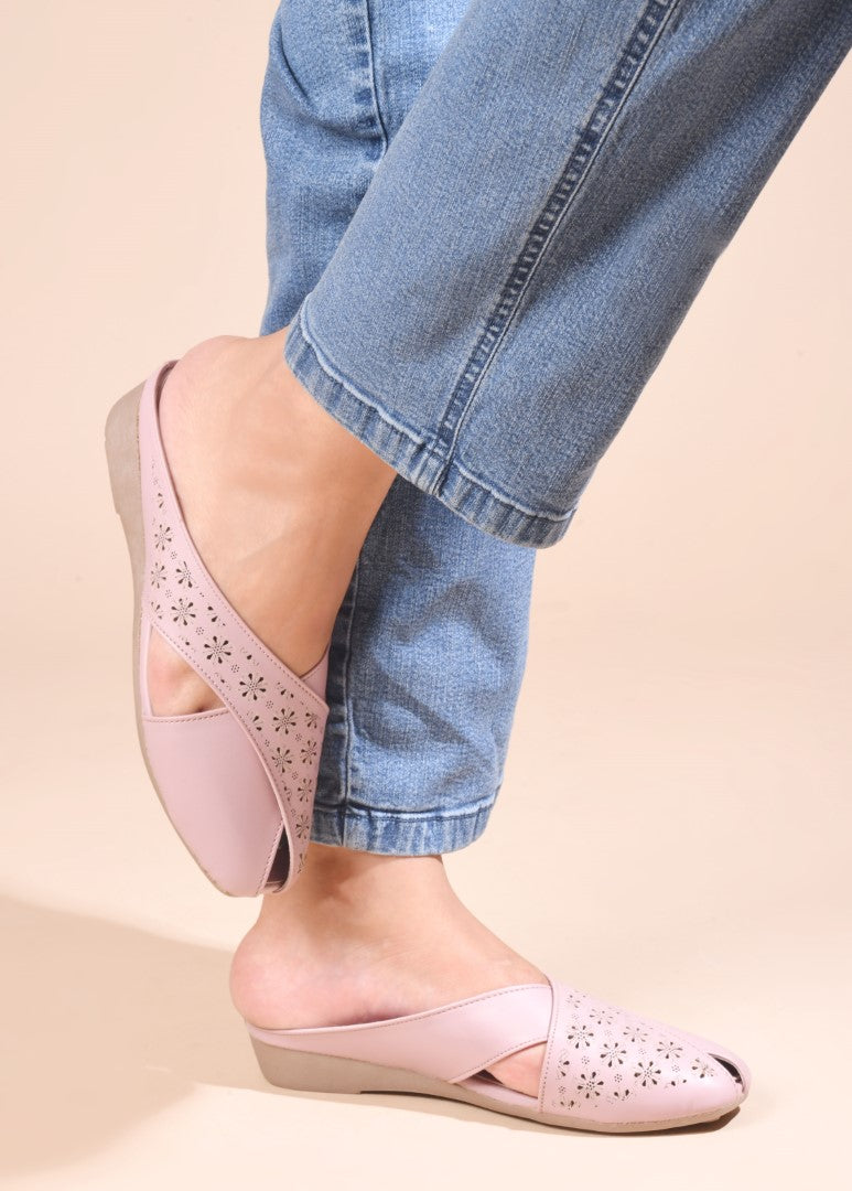 JM Looks Women's Laser-Cut Cross Strap Mules Wood Rose