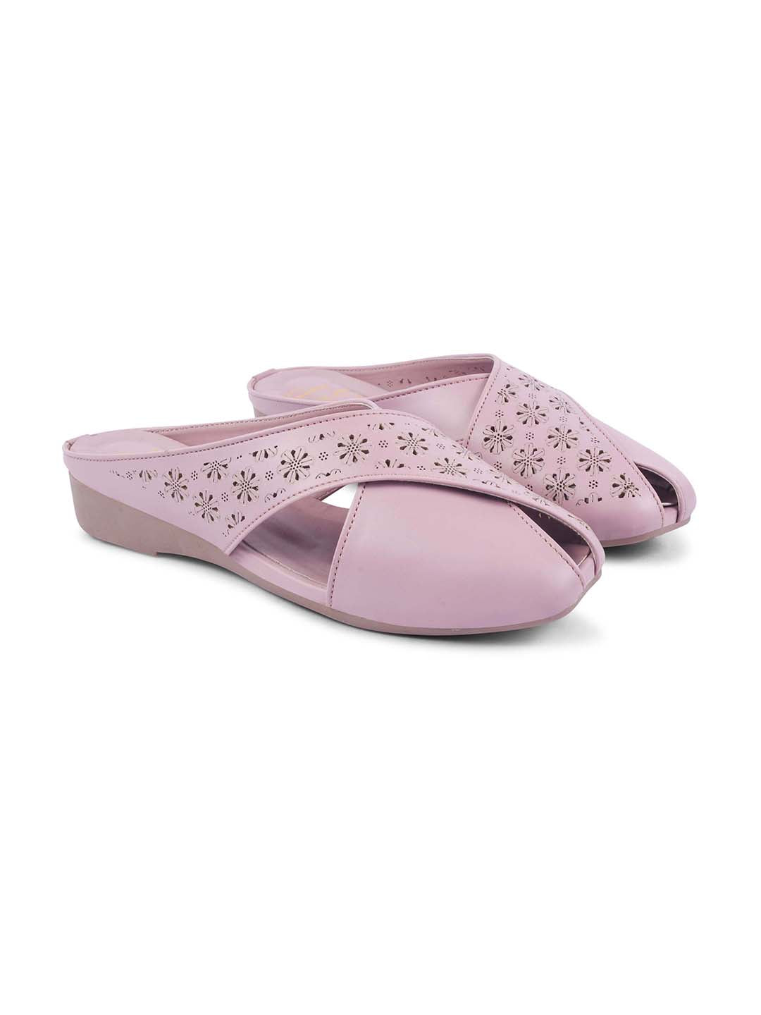 JM Looks Women's Laser-Cut Cross Strap Mules Wood Rose