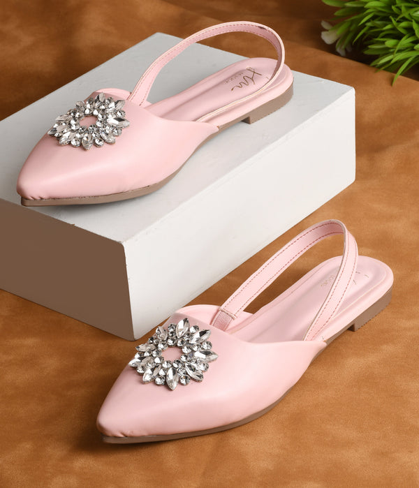 JM LOOKS, Slingback Bellie Flat Sandals with Rhinestones Pink
