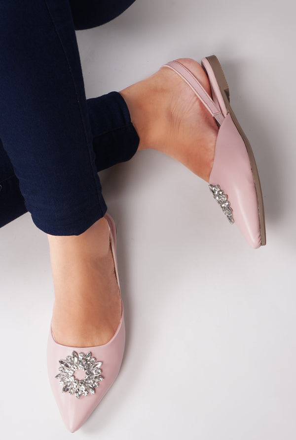 JM LOOKS, Slingback Bellie Flat Sandals with Rhinestones Pink