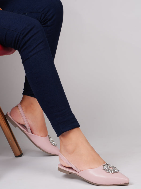 JM LOOKS, Slingback Bellie Flat Sandals with Rhinestones Pink