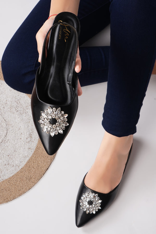 JM LOOKS, Slingback Bellie Flat Sandals with Rhinestones Black