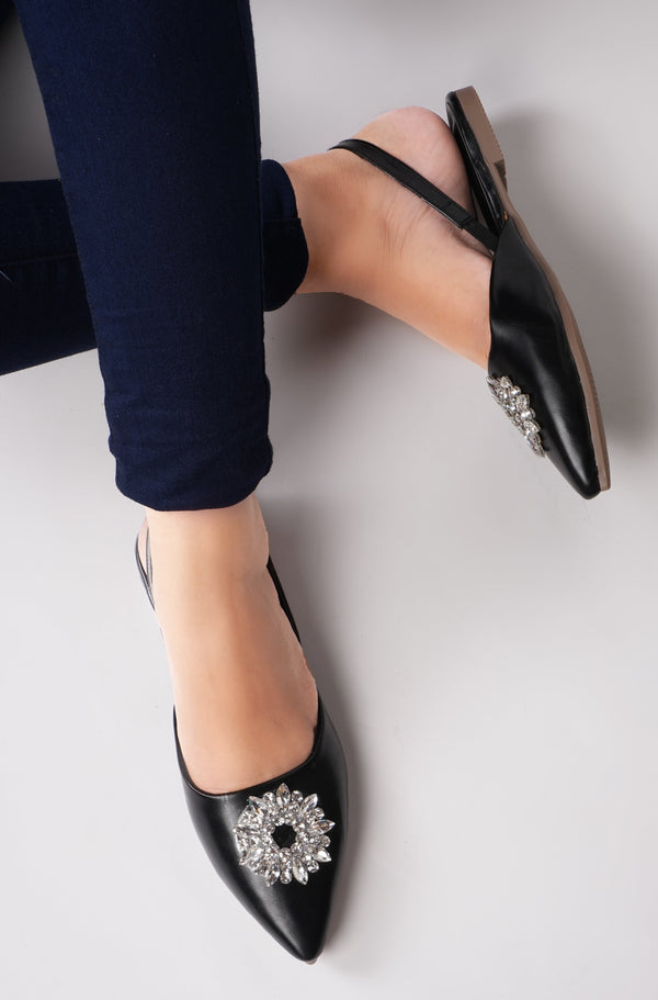 JM LOOKS, Slingback Bellie Flat Sandals with Rhinestones Black