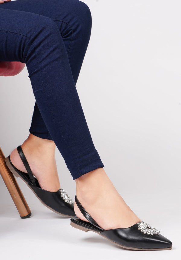 JM LOOKS, Slingback Bellie Flat Sandals with Rhinestones Black
