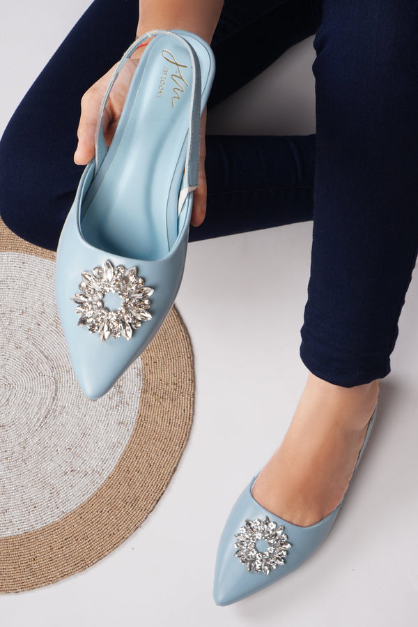 JM LOOKS, Slingback Bellie Flat Sandals with Rhinestones Sky Blue