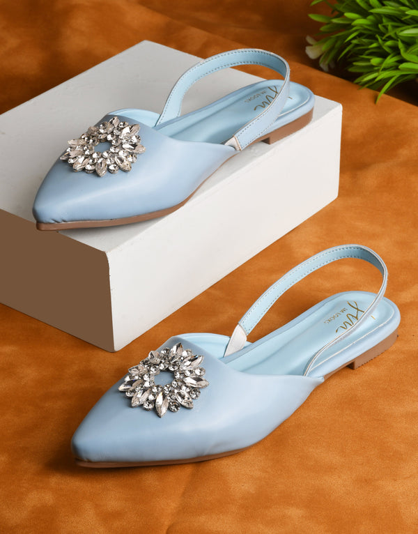 JM LOOKS, Slingback Bellie Flat Sandals with Rhinestones Sky Blue