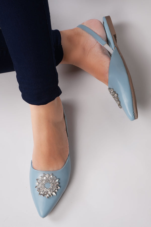 JM LOOKS, Slingback Bellie Flat Sandals with Rhinestones Sky Blue