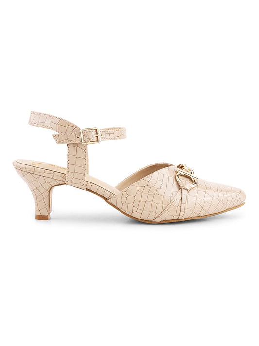 Kitten heels for women beige croc textured pointed toe ankle strap buckle gold embellished slingback sandals